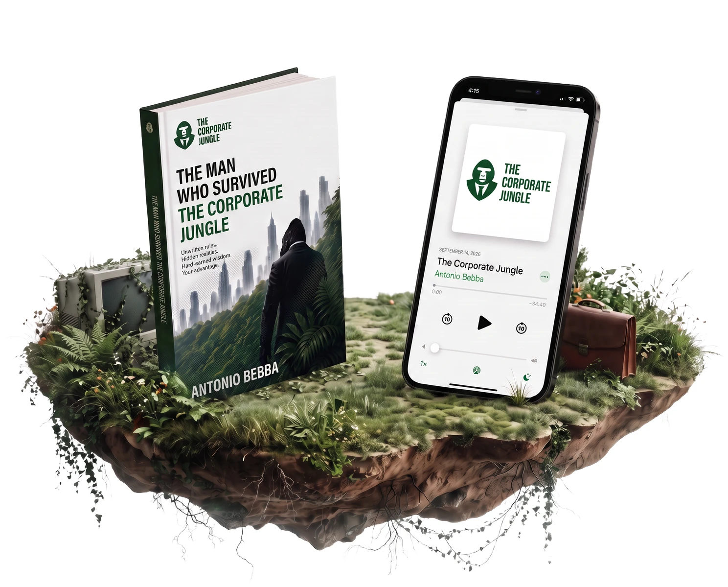 The Man Who Survived The Corporate Jungle in hardback beside a phone playing the podcast, both standing on a floating island of jungle with an old television and a leather briefcase.