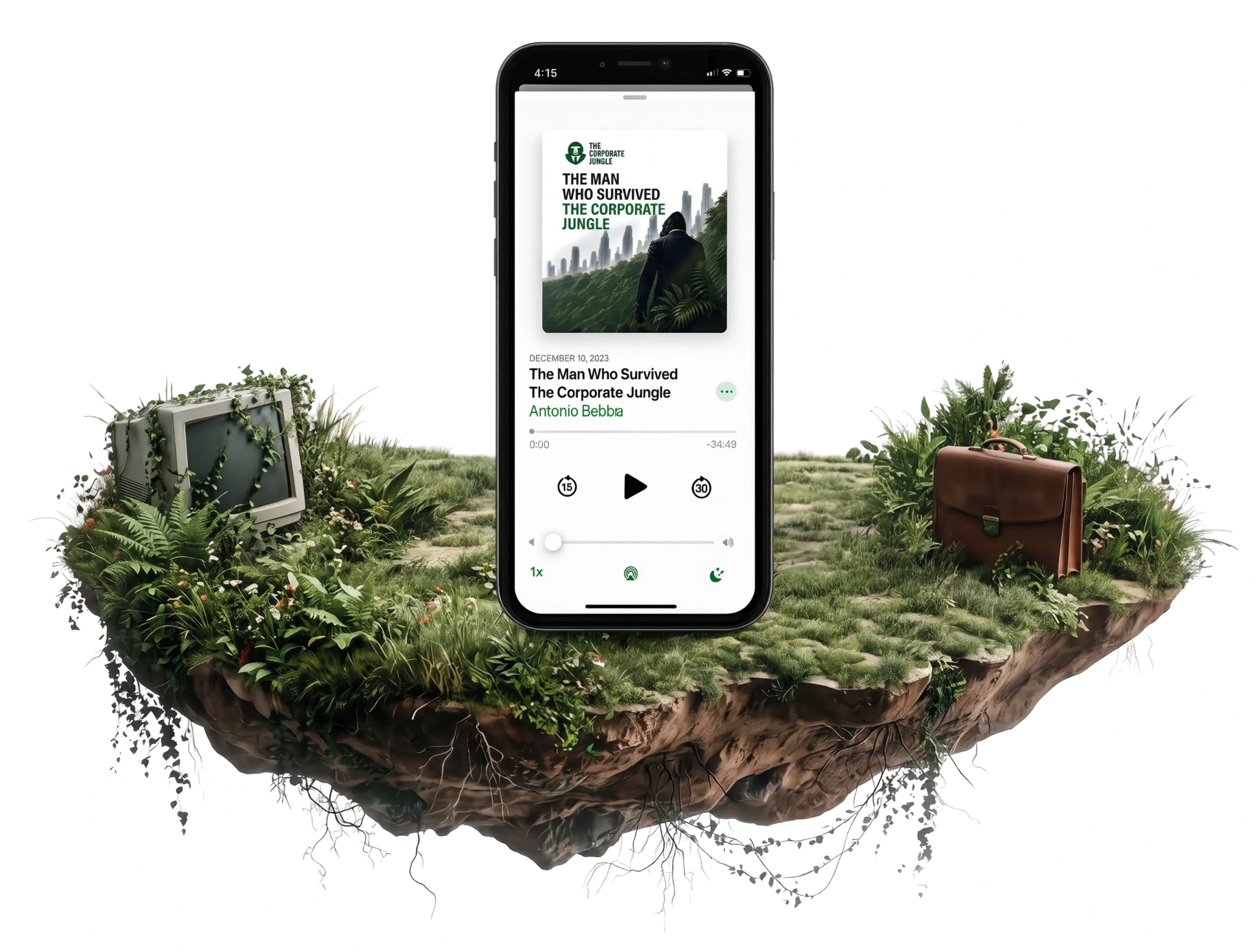 The Corporate Jungle Podcast sonando en un móvil, sobre una isla flotante de selva junto a un televisor antiguo y un maletín de cuero.