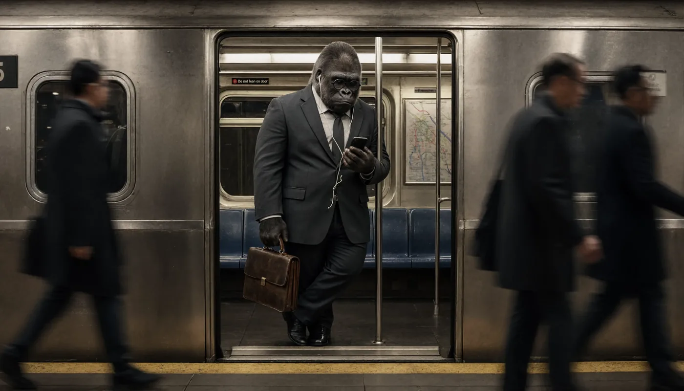 Un gorilla in giacca e cravatta in piedi sulla porta di un vagone della metropolitana guarda il telefono, mentre i passeggeri sfilano sfocati.