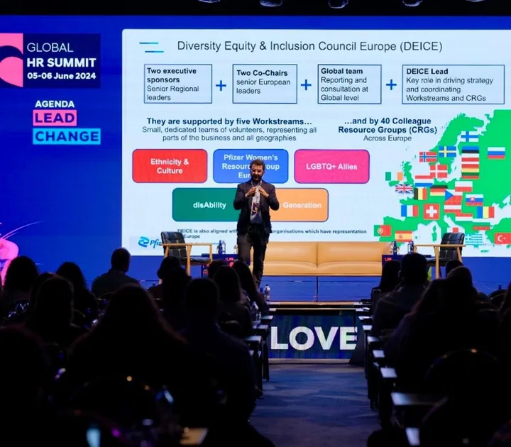 Antonio Bebba presenting the Diversity, Equity and Inclusion Council Europe slide at the Global HR Summit.
